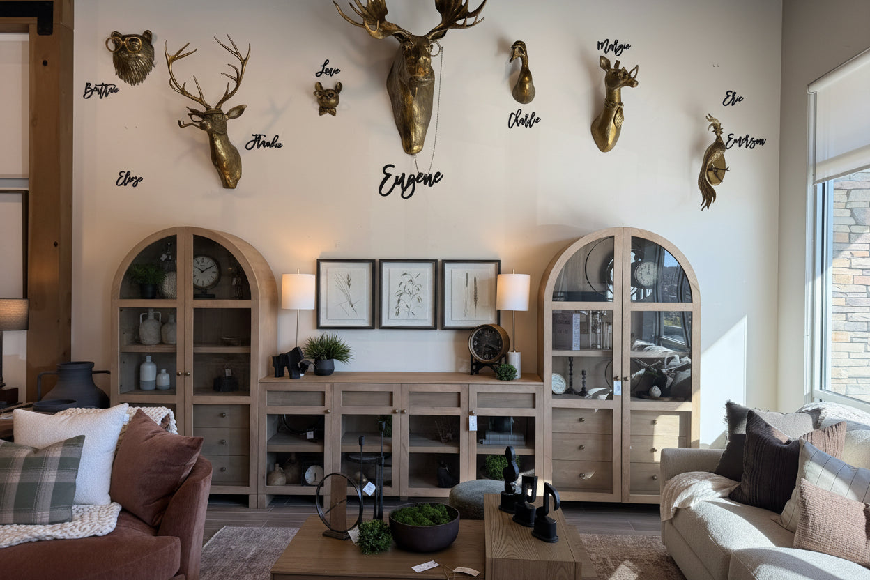 Living room with decorative wall art, shelves, and furniture.